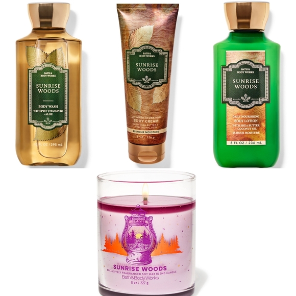 Bath & Body Works Sunrise Woods 4 Piece Body Care Collection & Candle Set NEW